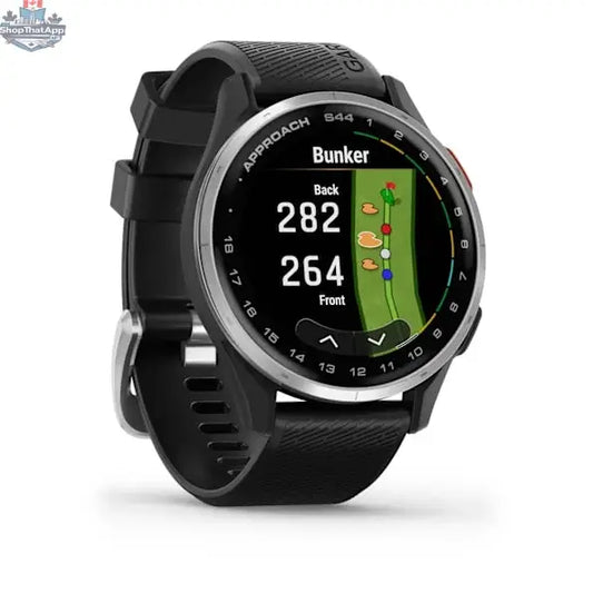 Garmin Approach S44 golf smartwatch with digital display showing hole layout and score tracking, designed for golfers.