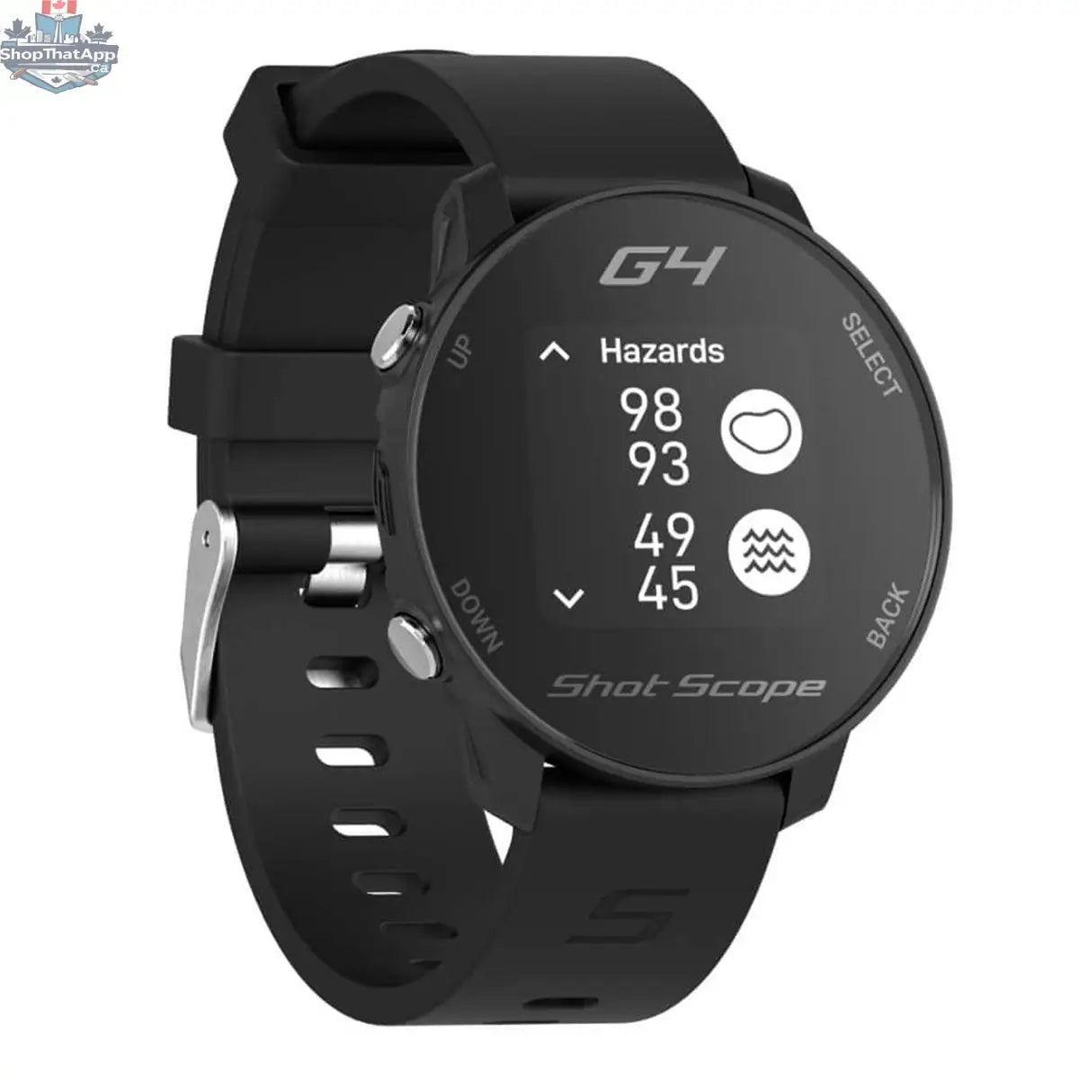Black Shot Scope G4 golf watch with GPS tracking, showing a digital display of course distances and stats for improved gameplay.