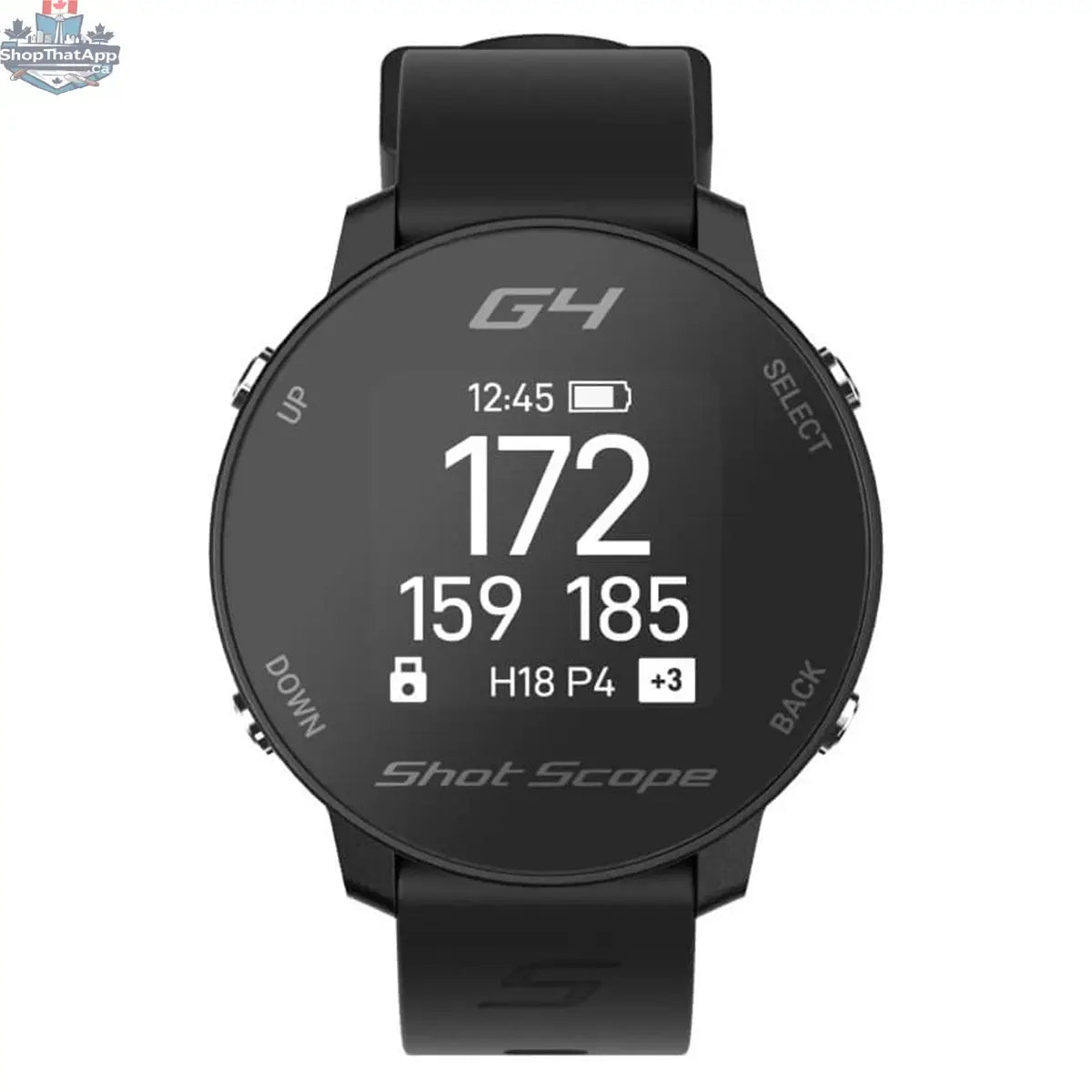 Black Shot Scope G4 golf watch with GPS tracking, showcasing its sleek design and digital display for accurate course navigation.
