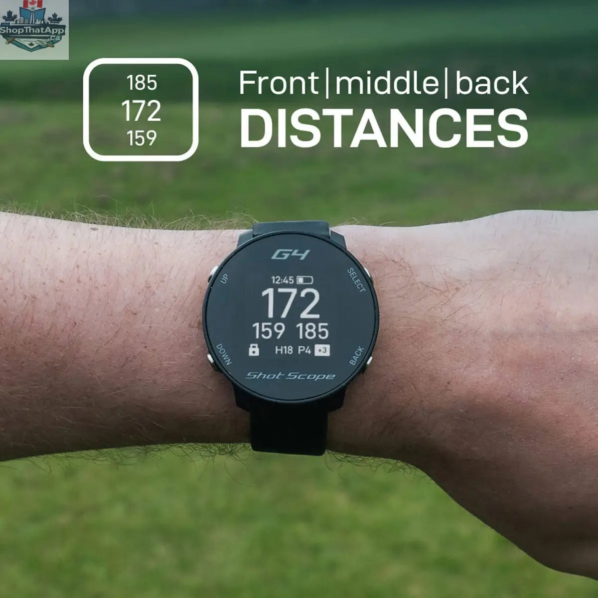 Black Shot Scope G4 golf watch with GPS tracking and digital display, designed for accurate course navigation and game improvement.