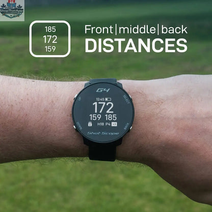 Black Shot Scope G4 golf watch with GPS tracking and digital display, designed for accurate course navigation and game improvement.