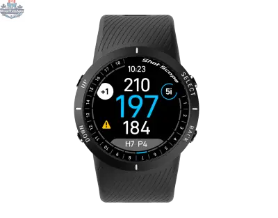 Black V5 GPS golf watch by The Golfather Ltd. featuring a digital display and automatic performance monitoring for golfers.