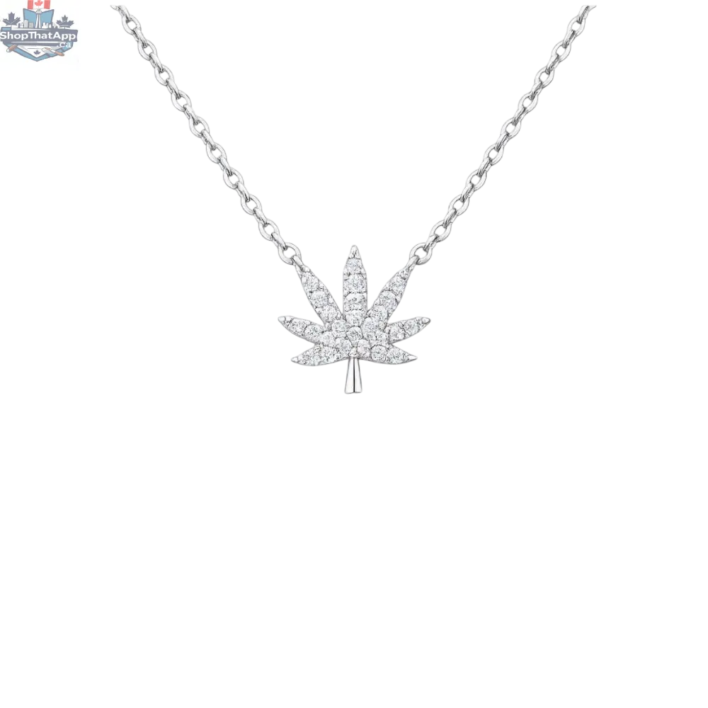 Silver cannabis leaf necklace featuring detailed leaf design, stylish jewelry piece from The Kush Girls.