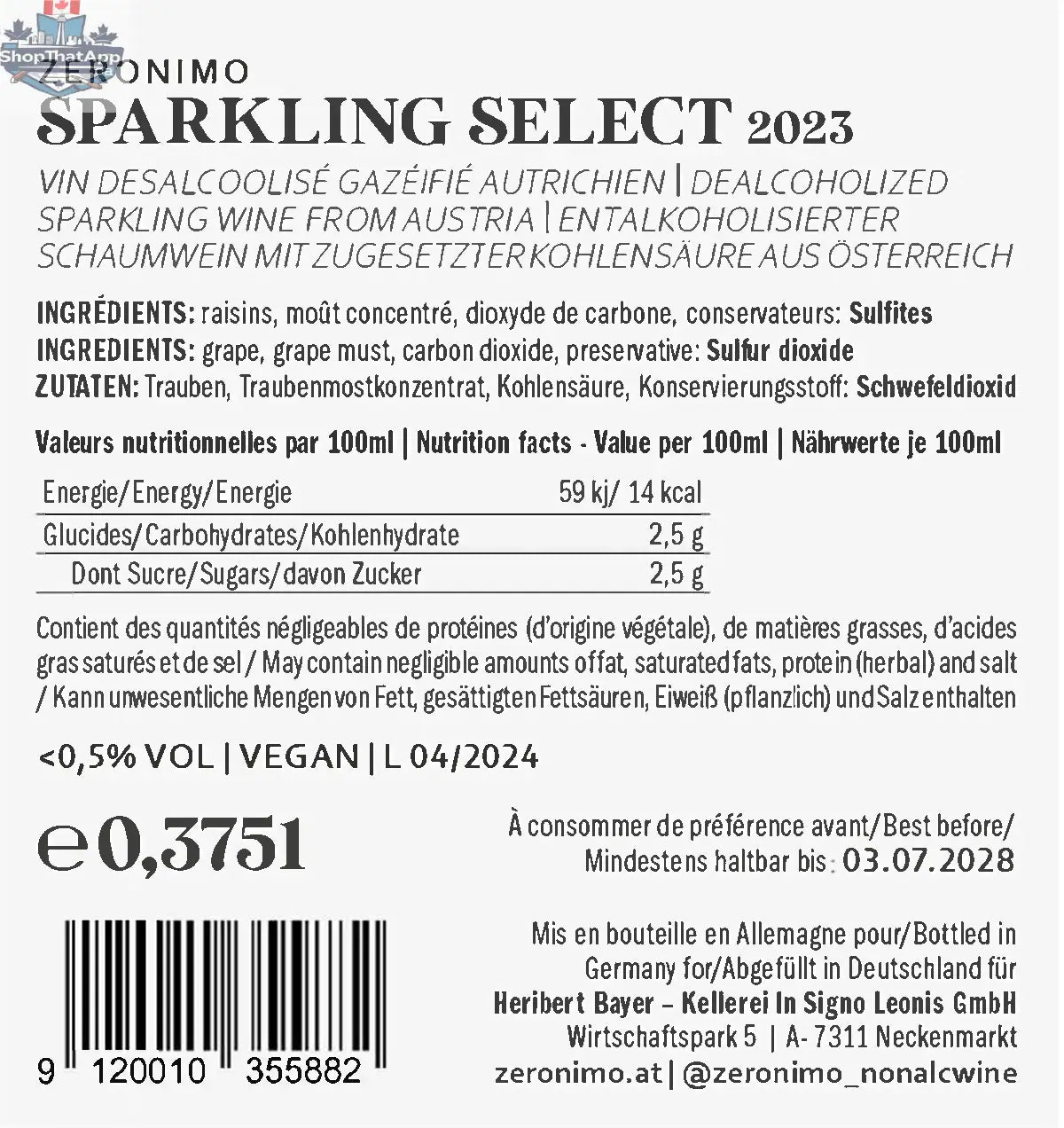 Zeronimo Sparkling Select 1/2 Bottle - Premium Sparkling Wine - Shopthatapp.ca