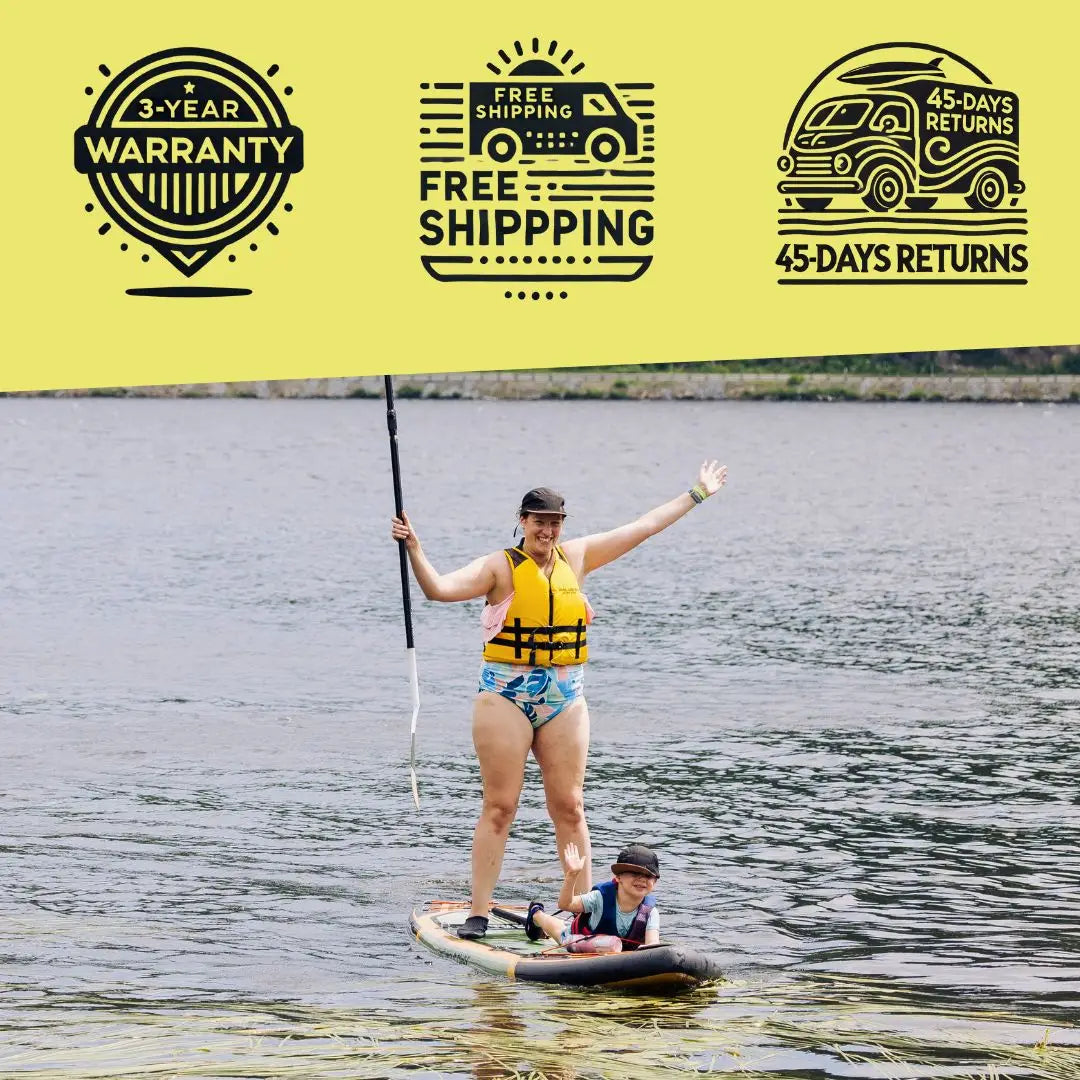 Sequoia 11' inflatable paddleboard canoe by The Wild Tribe, shown on water with paddle and gear for outdoor paddling activity.