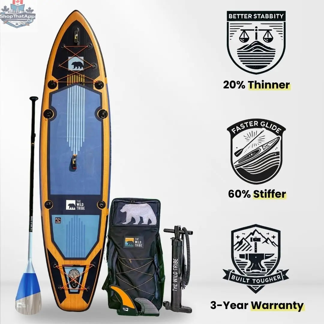 Inflatable Sequoia 11' paddleboard canoe by The Wild Tribe, shown on water with a paddle and gear, ready for adventure.