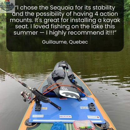 Inflatable Sequoia 11' paddleboard canoe by The Wild Tribe, shown inflated on water with paddle accessories.
