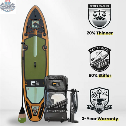 Sequoia 11' inflatable paddleboard canoe by The Wild Tribe with carbon paddle, set at 20 PSI on water.