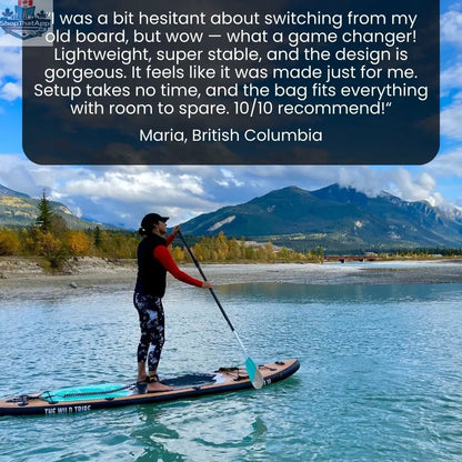 Columbia 12'6 inflatable paddleboard in blue with hybrid carbon paddle and wheeled bag by The Wild Tribe for adventure water sports.