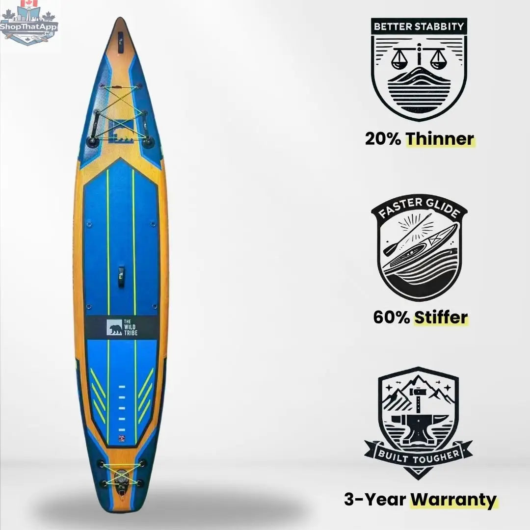 Columbia inflatable paddleboard S 12'6 in blue with hybrid carbon paddle and wheeled bag, ideal for water adventure.