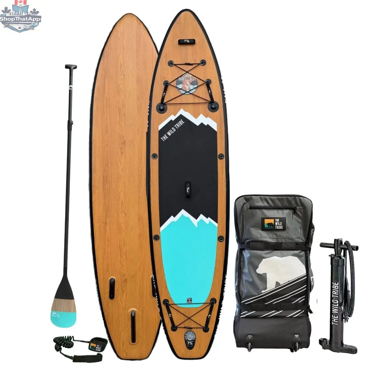 Naïa 11' inflatable paddleboard by The Wild Tribe with carbon paddle, inflated to 20 PSI, on calm water.