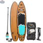 Naïa 11' inflatable paddleboard by The Wild Tribe with carbon paddle, inflated to 20 PSI, on calm water.