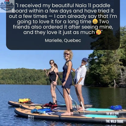 Naïa 11' inflatable paddleboard by The Wild Tribe, shown on water with paddle, ready for outdoor water sports and paddleboarding adventures.