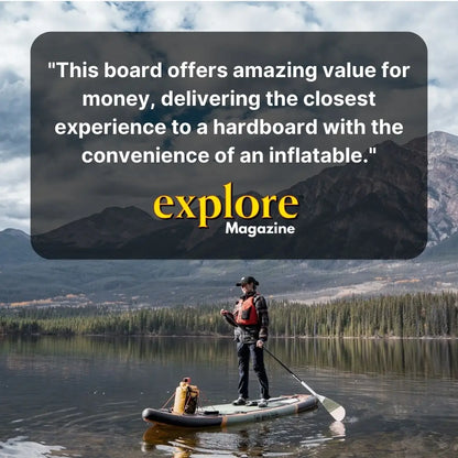 Green Sequoia XL inflatable paddleboard by The Wild Tribe, 11 feet long, lightweight and durable stand-up paddleboard on water