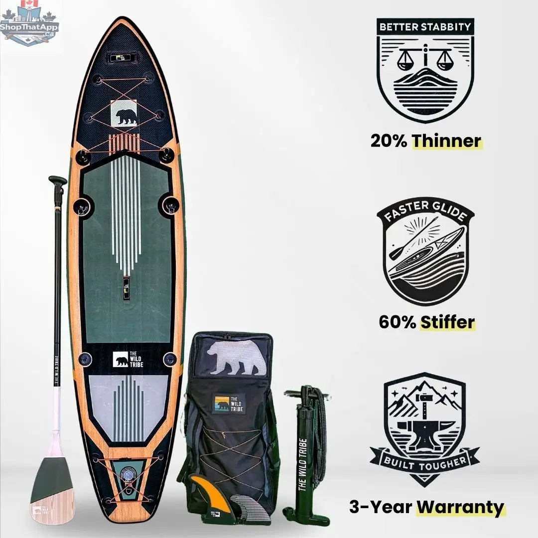 Green Sequoia XL inflatable paddleboard by The Wild Tribe, 11-foot lightweight and durable stand-up paddleboard on water.