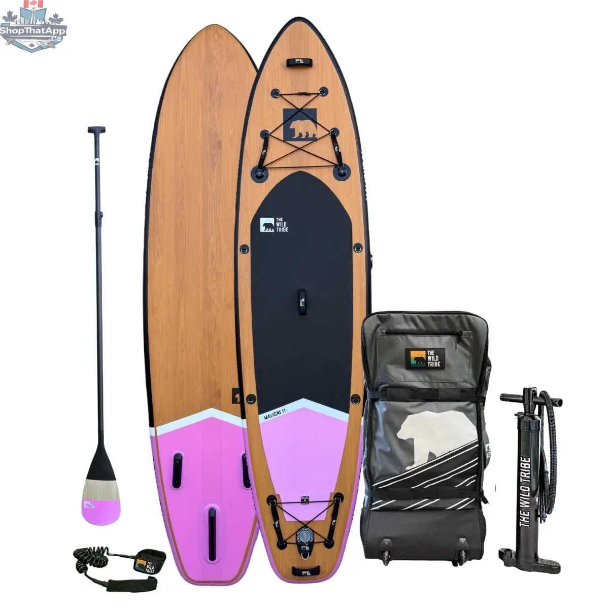 Maligne 11' inflatable paddleboard with carbon paddle from The Wild Tribe, set up for water adventure at 20 PSI.