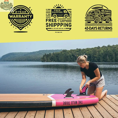 Inflatable Maligne 11' paddleboard by The Wild Tribe, shown inflated on water with a paddle and carrying bag.