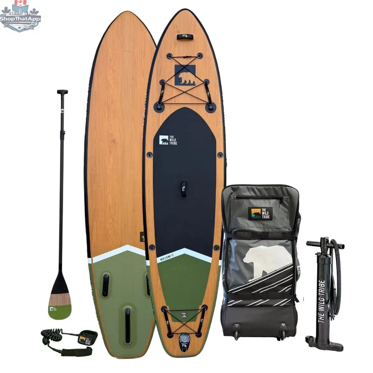Maligne 11' Inflatable Paddleboard by The Wild Tribe with carbon paddle, shown inflated at 20 PSI, ready for water adventures.