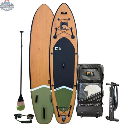 Maligne 11' Inflatable Paddleboard by The Wild Tribe with carbon paddle, shown inflated at 20 PSI, ready for water adventures.