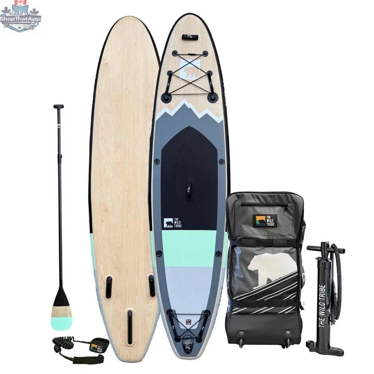 Inflatable Peyto paddleboard by The Wild Tribe with carbon paddle, 10 feet long, ready for water adventures at 20 PSI.