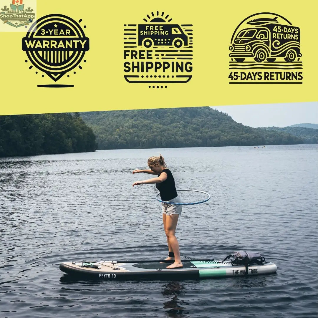 Inflatable Peyto 10-foot paddleboard by The Wild Tribe, shown inflated and ready for water adventures on a calm lake.