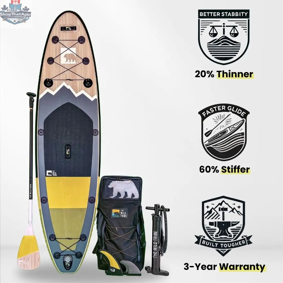 Inflatable Peyto 10' paddleboard by The Wild Tribe, shown on water with paddle, ready for water adventure and recreational paddling.