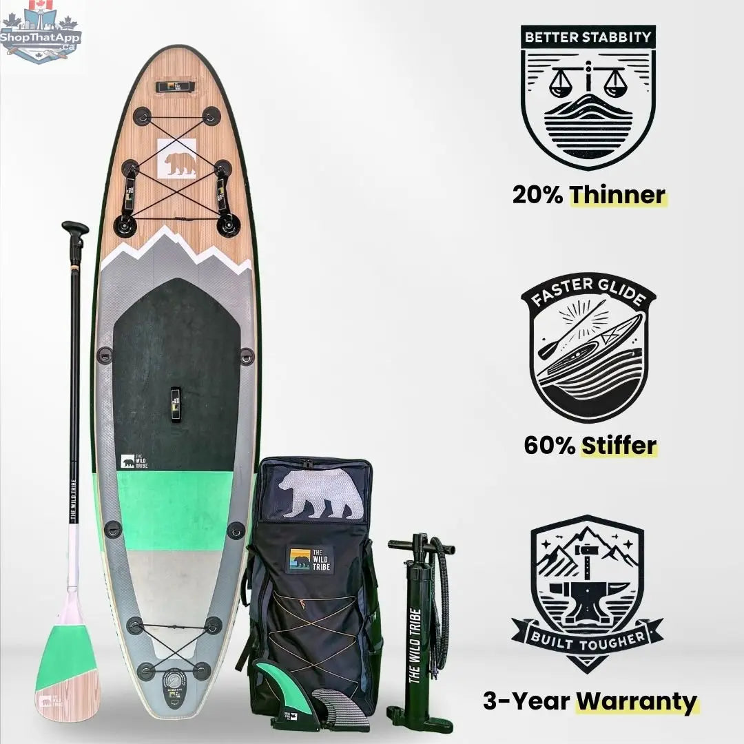 Inflatable Peyto 11' paddleboard by The Wild Tribe, displayed on water with paddle and gear for stand-up paddleboarding.