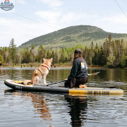 Golden Peyto 11' inflatable paddleboard by The Wild Tribe, an all-around premium paddleboard suitable for water adventures.