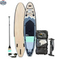 Peyto 11' inflatable paddleboard by The Wild Tribe with a carbon paddle, inflated to 20 PSI, ready for water adventure.