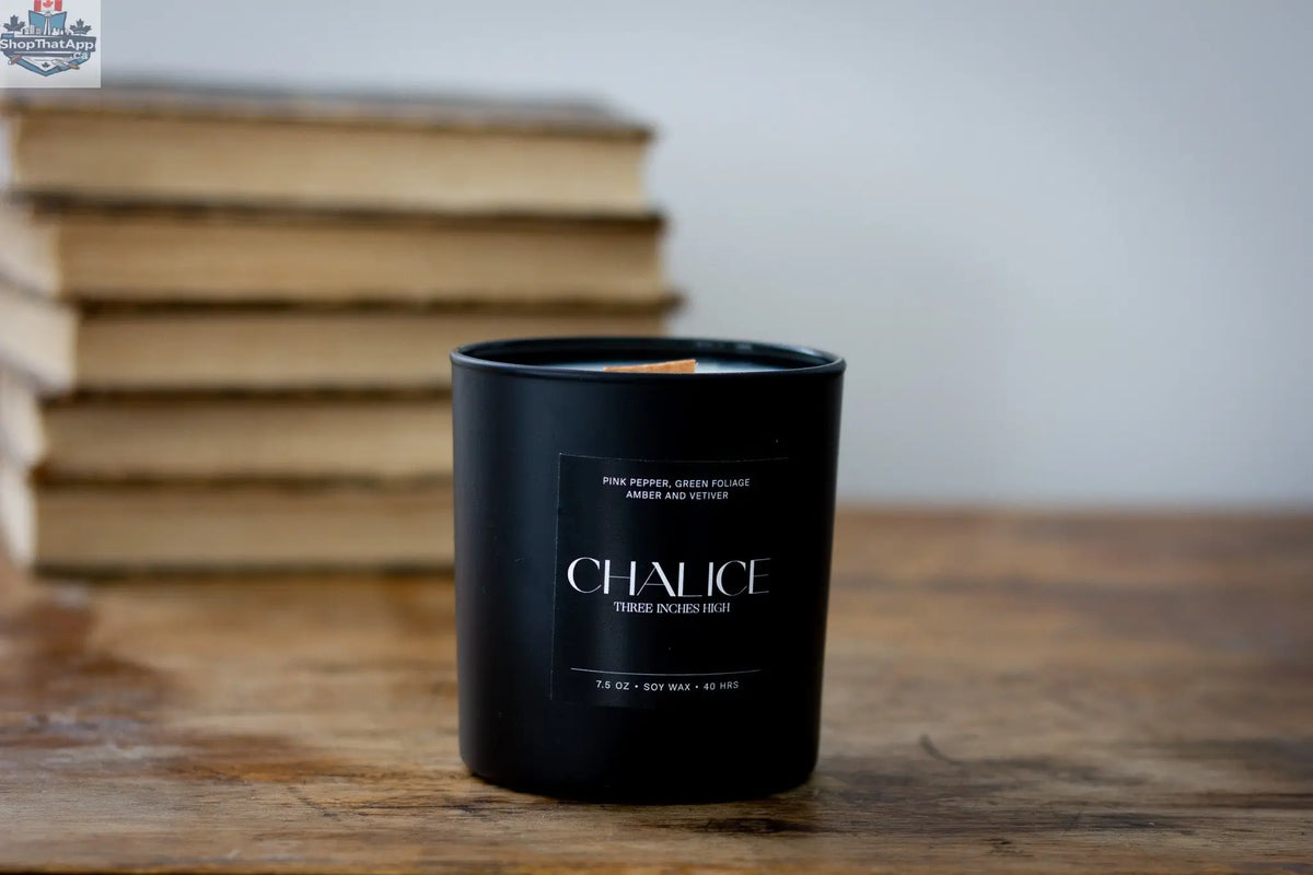 Handcrafted 8oz Chalice Candle by Three Inches High with soy wax, designed for relaxation and aromatic ambiance.