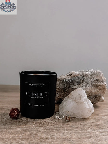 Handcrafted 8oz soy wax chalice candle by Three Inches High, designed for relaxation with a calming aroma.