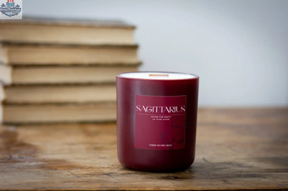 Sagitarius Soy Wax Candle in 8oz glass jar, handcrafted aromatherapy candle by Three Inches High, featuring zodiac Sagittarius design.