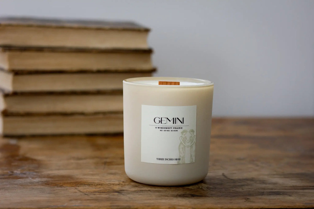Gemini Zodiac Candle by Three Inches High, 8oz soy wax scented candle with natural fragrance and zodiac symbol design.