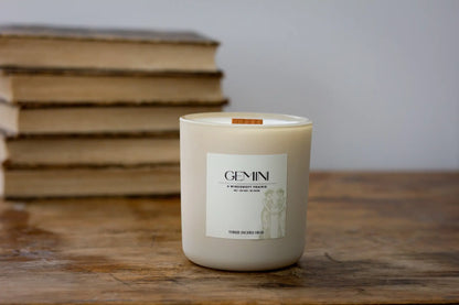 Gemini Zodiac Candle by Three Inches High, 8oz soy wax scented candle with natural fragrance and zodiac symbol design.