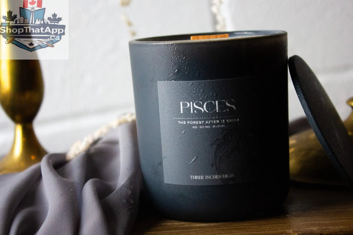 Eco-friendly 8oz Pisces soy wax candle by Three Inches High with celestial-inspired design and calming scent.