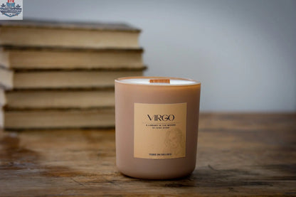 Handcrafted Virgo soy wax candle in an 8oz jar by Three Inches High, featuring a zodiac-themed design and natural aroma.