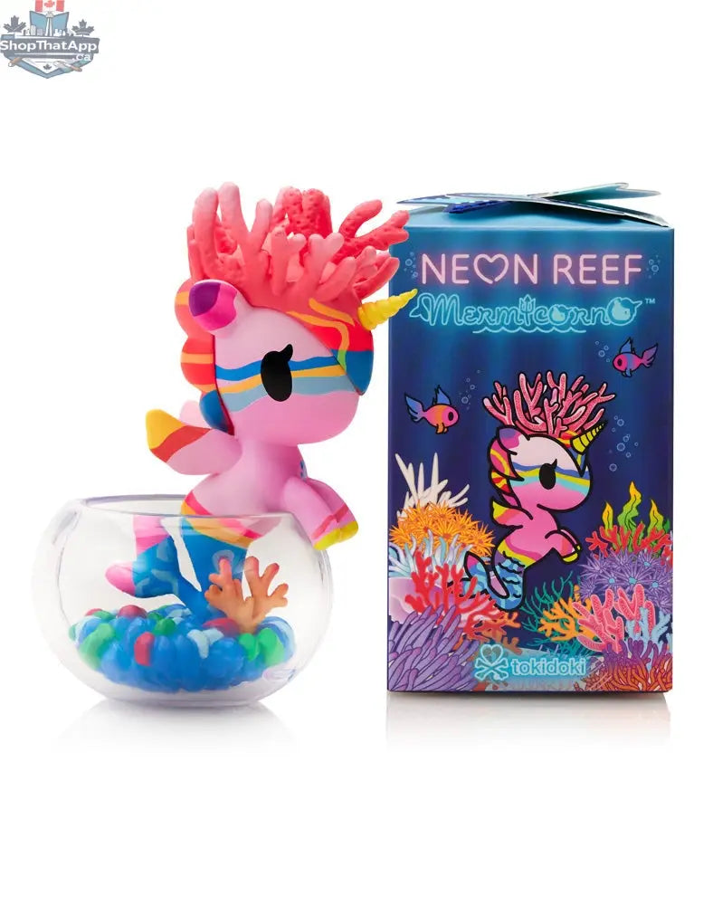 Colorful Neon Reef Mermicorno toy from tokidoki's blind box series, featuring vibrant mermaid unicorn design for collectible display.