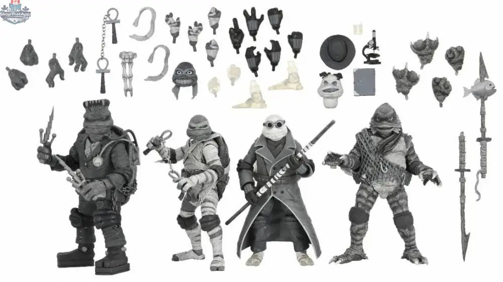 Black and white Teenage Mutant Ninja Turtles action figures from Toy Snowman Universal Monsters TMNT 4-pack, detailed toy figures.