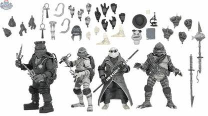 Black and white Teenage Mutant Ninja Turtles action figures from Toy Snowman Universal Monsters TMNT 4-pack, detailed toy figures.
