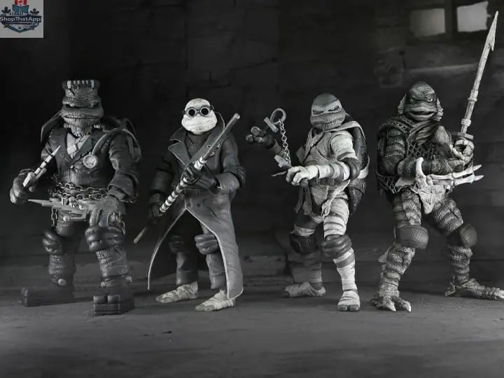 Black and white Teenage Mutant Ninja Turtles action figures from Toy Snowman, part of the Universal Monsters TMNT 4-pack.