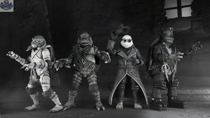 Black and white Teenage Mutant Ninja Turtles action figure pack featuring classic Turtle characters from Toy Snowman.