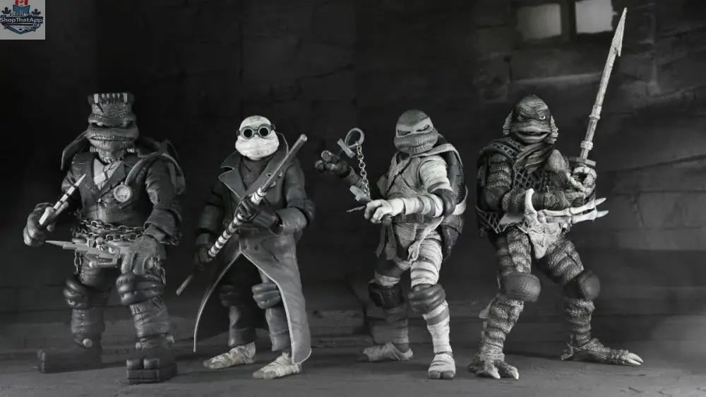 Black and white Teenage Mutant Ninja Turtles action figures from Toy Snowman, part of the Universal Monsters TMNT 4-pack.