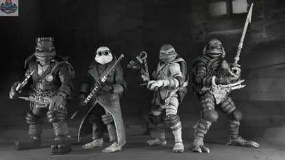 Black and white Teenage Mutant Ninja Turtles action figures from Toy Snowman, part of the Universal Monsters TMNT 4-pack.