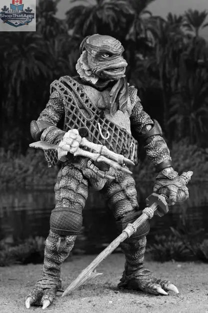 Black and white Teenage Mutant Ninja Turtles action figures in a Toy Snowman Universal Monsters TMNT 4-pack, detailed toy figures.