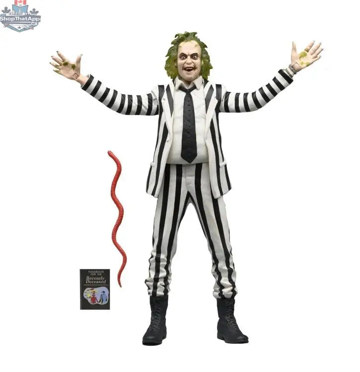 Toy Snowman Beetlejuice action figure in black and white suit, detailed collectible toy with spooky character design.