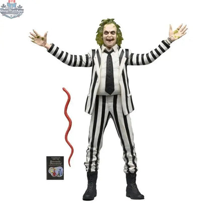 Toy Snowman Beetlejuice action figure in black and white suit, detailed collectible toy with spooky character design.