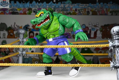 Toy Snowman Teenage Mutant Ninja Turtles Leatherhead action figure from Archie Comics, depicted in wrestling pose, collectible toy.