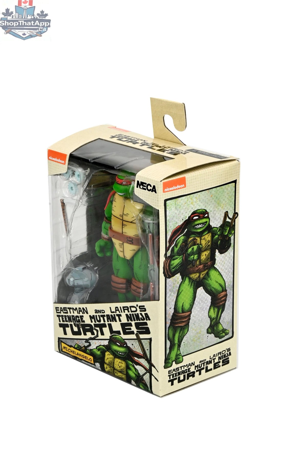 Toy Snowman Teenage Mutant Ninja Turtles Michelangelo 7-inch action figure from Mirage Comics, detailed collectible toy with weapons.