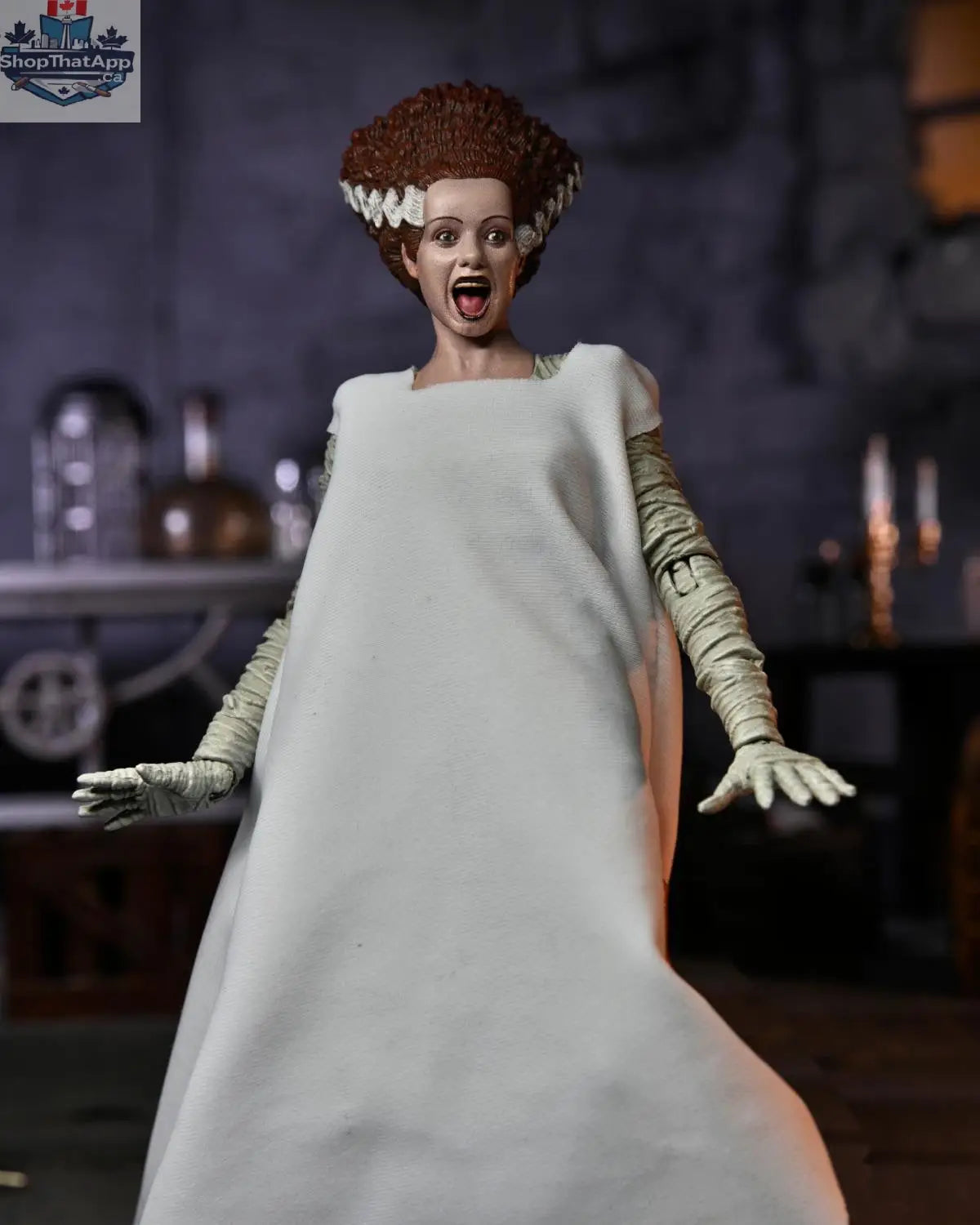 Colorful Bride of Frankenstein collectible action figure from Universal Monsters by Toy Snowman, detailed and designed for display.