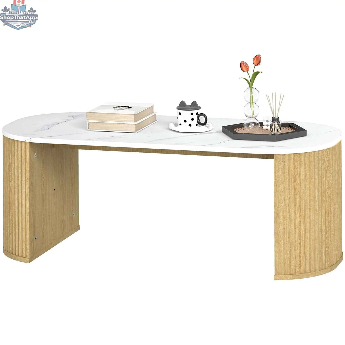 Cameron faux-marble coffee table with natural wood base, modern furniture piece by SLOTH Nation featuring sleek marble top and sturdy wooden legs.